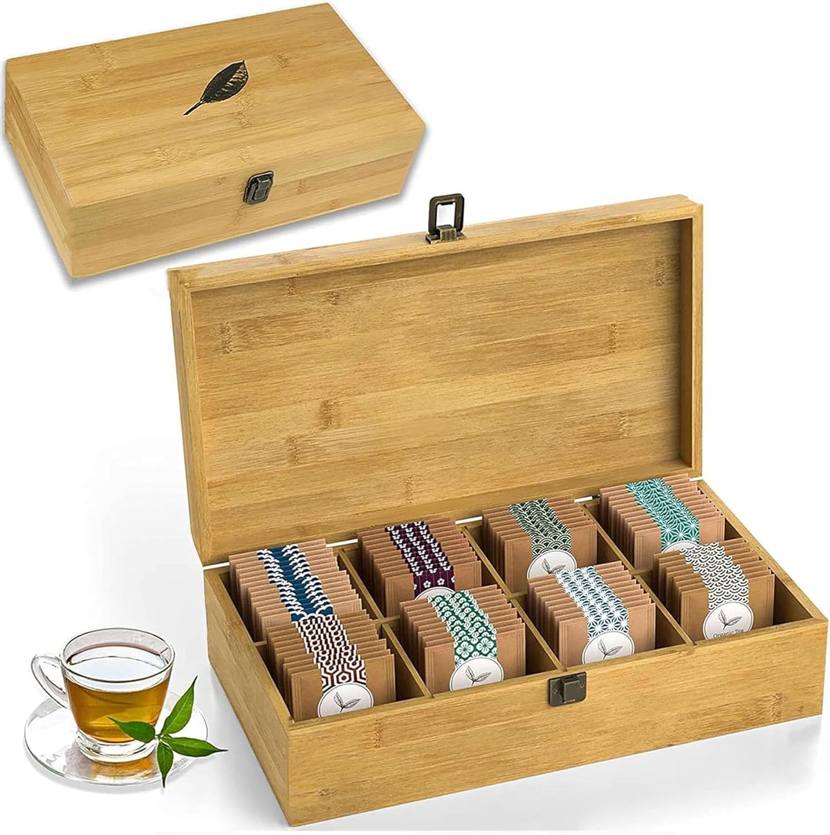 Bamboo Tea Organizer Box Chemical Free Eco-Friendly Big, Tall, Adjustable Cubbies Natural Wooden Storage Chest (8-Slot 14.3" x 8.1" x 4.2" with Tea Leaf design)