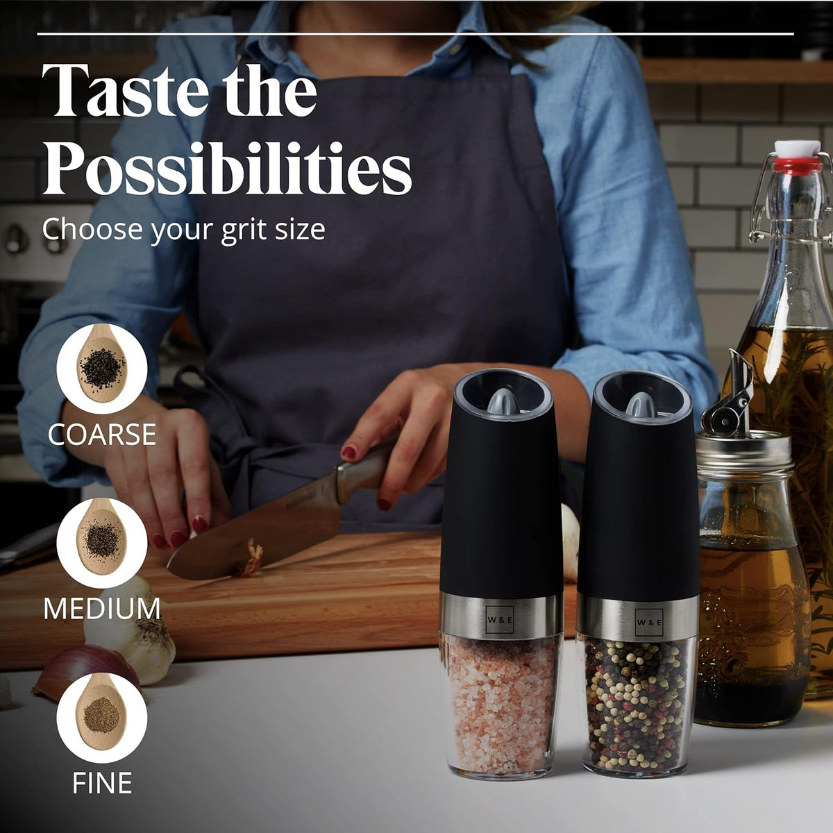 Willow & Everett Electric Salt and Pepper Grinder Set - Battery-Operated, Automatic Salt and Pepper Shakers - Black and Stainless Steel Gravity Electric Salt Grinder & Pepper Mill for Seasoning
