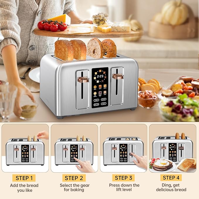 SEEDEEM Toaster 4 Slice, Full Touch control Toaster, LCD Display, 6 Bread Type, 7 Shade Settings, 1.4''Wide Slots，More Time Function, Removable Crumb Tray, 1800W, Silver Metallic