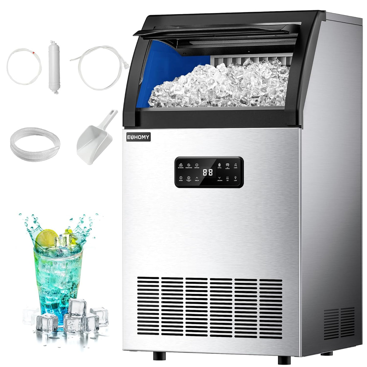 EUHOMY Commercial Ice Maker,100lbs/24H,Stainless Steel Under Counter Ice Machine with Water Filter,33lbs Storage Capacity, 45 Cubes in 8-12 Mins, Freestanding Ice Machine for Home/Bar/Cafe/Restaurant