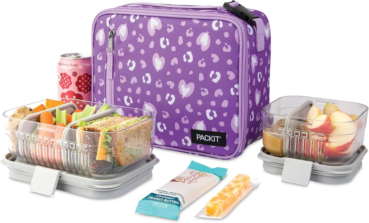 PackIt Freezable Classic Lunch Box, Leopard Hearts Purple, Built with ECOFREEZE Technology, Reusable, Zip Closure With Zip Front Pocket and Buckle Handle, Designed for Fresh Lunch On the Go