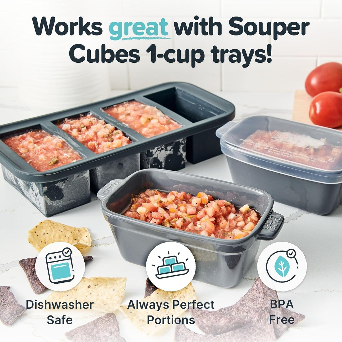 Souper Cubes Stoneware - Small Ceramic 5" x 3" Baking Dish with Silicone Covers, Small Baking Dishes for Oven Perfect for Reheating Single Serve Portions, Set of 4 - Charcoal