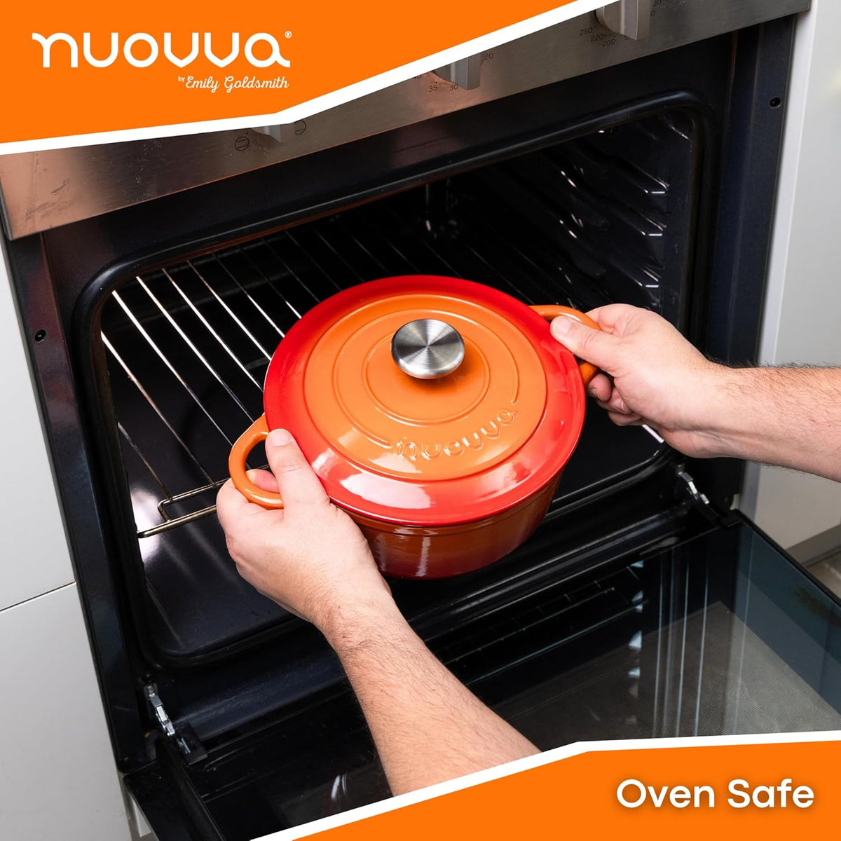 Cast Iron Pot with Lid – Non-Stick Ovenproof Enamelled Casserole Pot, Oven Safe up to 500° F – Sturdy Dutch Oven Cookware – Orange, 5-Quart, 24cm – by Nuovva