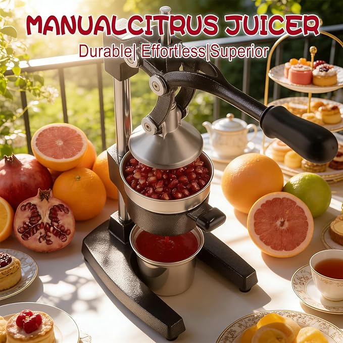 Cast Iron Juicer Hand Press - 13.8LB Heavy Duty Manual Citrus Orange Squeezer, 304 Stainless Steel Cup & Strainer, Professional Lemon Grapefruit Pomegranate Press for Home Bar Kitchen, Black