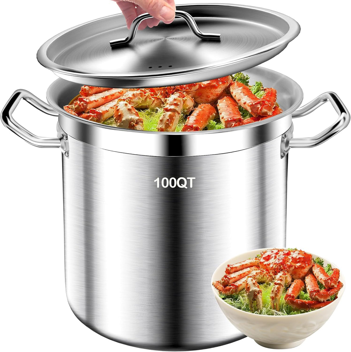 Large Stock Pot - 100QT Stainless Steel Stockpot with Lid, Heavy Duty Tri-Ply Bottom Commercial Grade Soup Pot for Cooking Soup, Stew, Canning, Oven, Gas, Ceramic, Dishwasher Safe