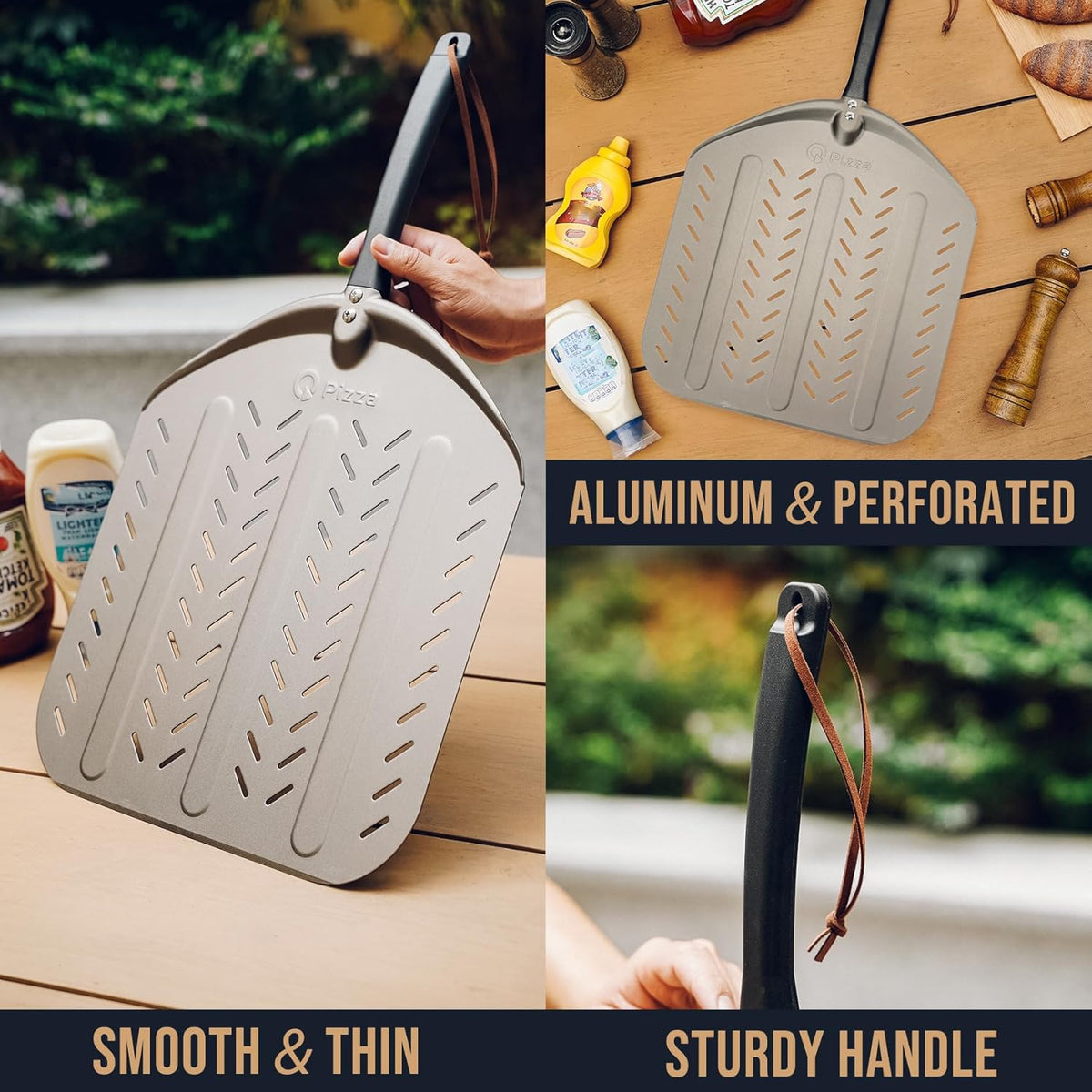 Q Pizza Perforated Pizza Peel 14", Non-stick Pizza Turning Paddle Pizza Oven Accessory, Extra Large Metal Pizza Spatula for Grill Oven Baking Bread Pastry Dough Pie Cake, Aluminium PT204