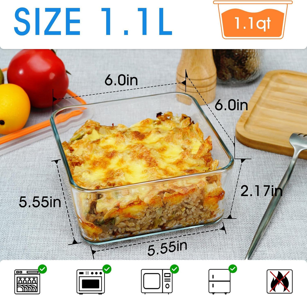 NUTRIUPS 1.1QT Square Glass Baking Dish with Lid, 6×6 inches Deep Small Baking Dish with Lid, Square Glass Baking Dishes for Oven