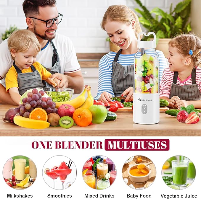 Portable Personal Blender 17 OZ/500 ML Juicer, 175W Personal Size Blender, Ideal for Smoothies, Ice Blending, Juicing, and Food Processing, Compact, Convenient, and Versatile (White)