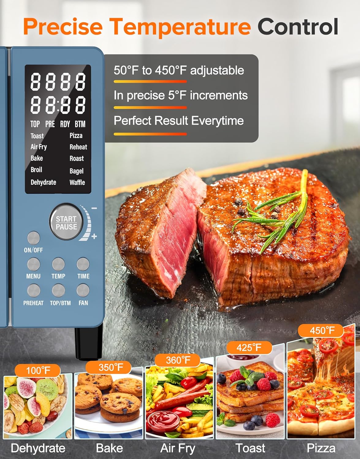 Nuwave Bravo Pro Smart Air Fryer Toaster Oven Combo, Airfryer Convection Oven Countertop, 10-in-1 Functions with Quicker & Even Crisp Technology, 1800W, 50-450°F, PFAS-Free, 21QT, Cozy Blue