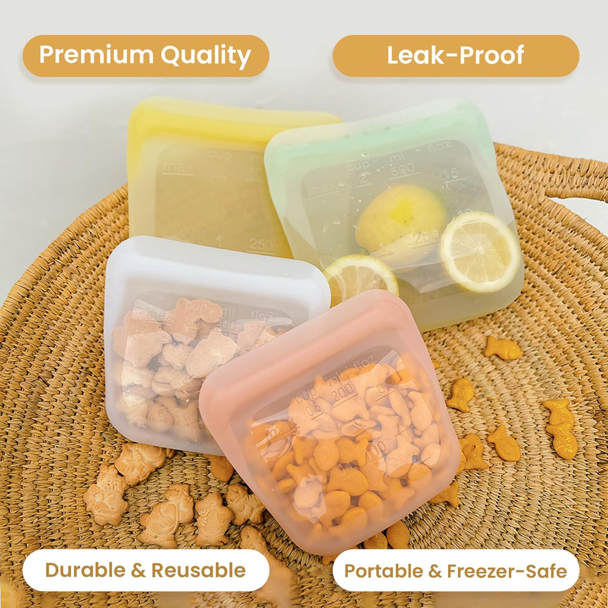 purifyou Set of 5 Reusable Silicone Storage Snack Bags 6oz / 16oz / 32oz / 64oz Self-Seal Food Storage Container for Fruits, Vegetables, Sandwiches, Dishwasher Safe & Leak-free (Cream, 6oz)