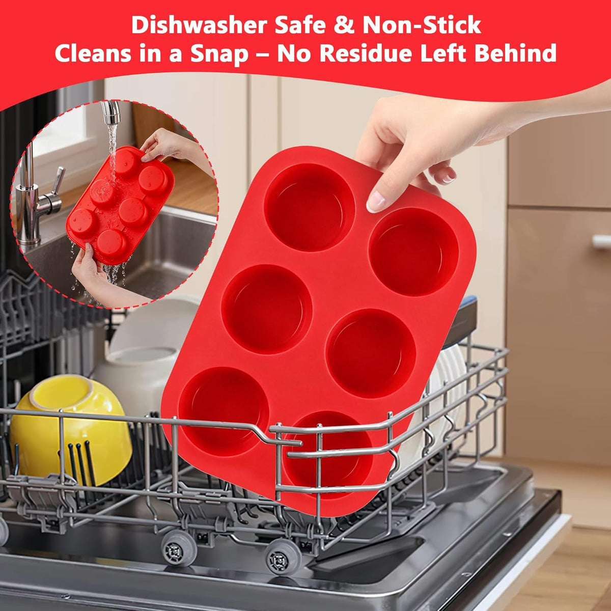 3-Pack 6-Cup Silicone Muffin Pans, Nonstick Cupcake Baking Molds, BPA/PFA-Free, Dishwasher & Oven Safe - Red