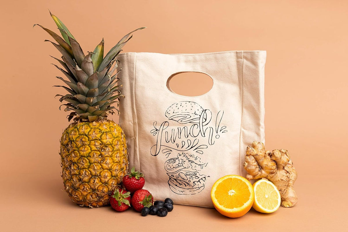 Organic Cotton Canvas Lunch Bag - Eco Friendly & Machine Washable | Perfect for Men, Women & Kids - Easy to Clean Water Resistant (White with Black Print - 2 Pack)