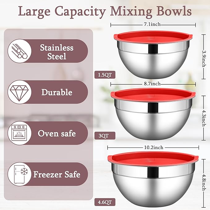 LIANYU Stainless Steel Mixing Bowls with Leak-Proof Lids, 3 Pieces Stainless Steel Deep Nesting Mixing Bowls for Kitchen Cooking, Storage, Baking, 1.5QT & 3QT & 4.6QT, Red