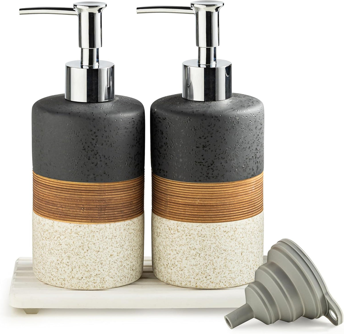 Ceramic Dish Soap Dispensers Set(2 Pack), Hand, Dish, Shower Soap Dispenser for Kitchen Sink & Bathroom, Includes Stainless Steel Pump, Silicone Funnel & Diatomaceous Holder, Black