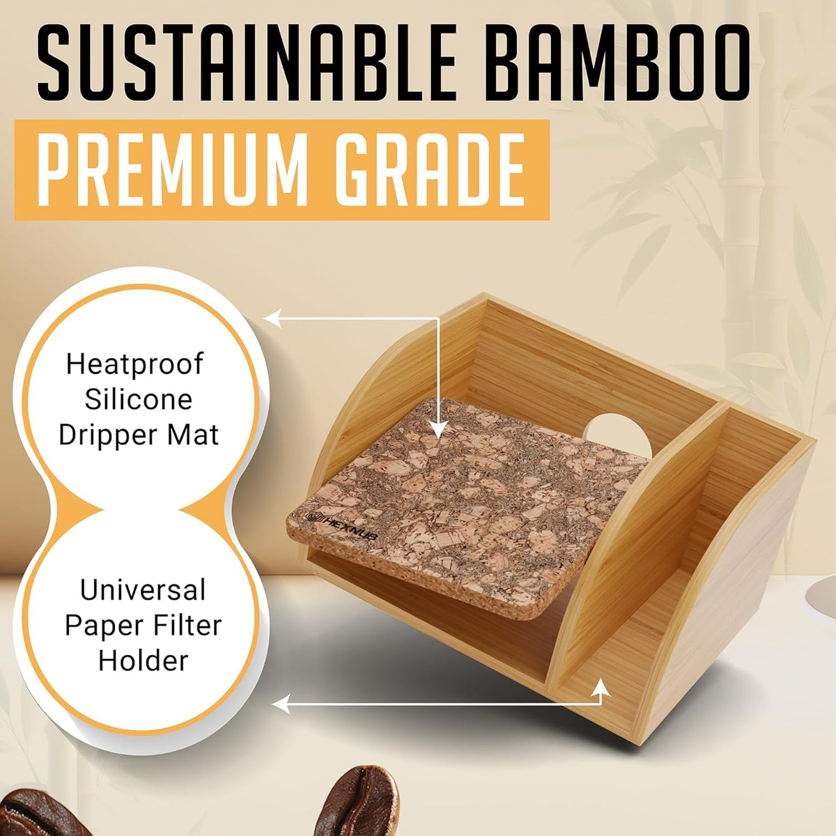 HEXNUB – Caddy for Pour Over Coffee Maker, Bamboo Stand fits Chemex, Bodum, Cosori Coffee Carafes, Heatproof Mat, Filter Holder for Drip Coffee Maker - Cork Mat