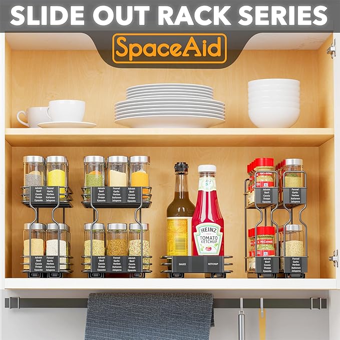 SpaceAid Pull Out Spice Rack Organizer for Cabinet, Heavy Duty Slide Out Seasoning Kitchen Organizer, Cabinet Organizer, with Labels, 5.2" W x10.75 D x10 H, 2 Drawers 2-Tier
