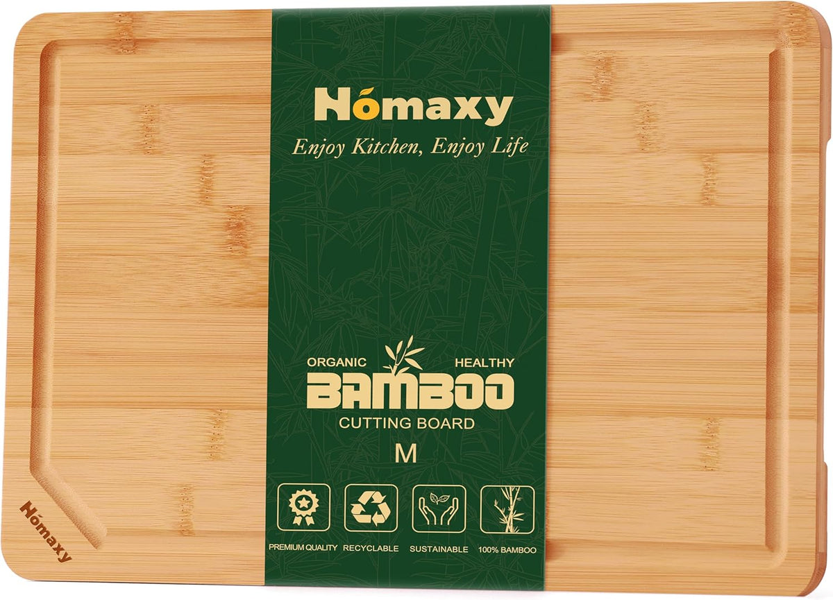 Homaxy Organic Bamboo Cutting Boards for Kitchen, 15"x10" Wooden Medium Cutting Board with Juice Groove and Handles, Charcuterie Butcher Block Wood Serving & Chopping Board - Pre Oiled