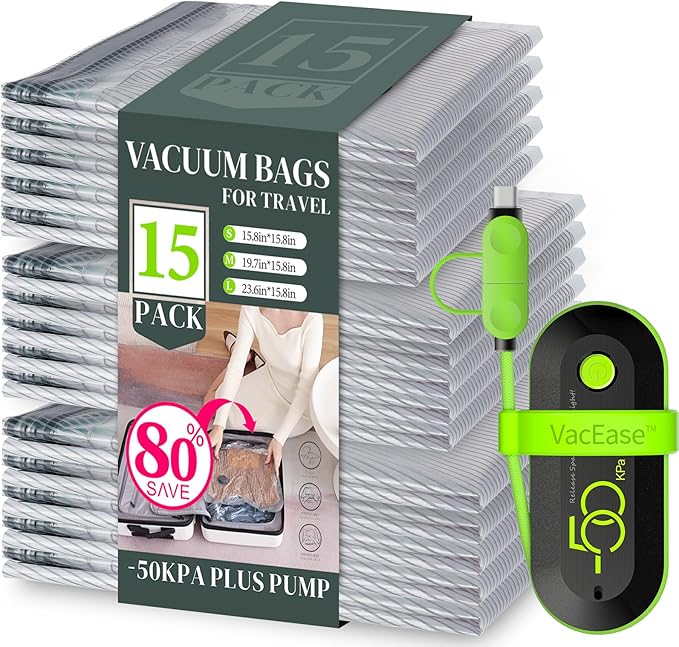 Vacuum Bags for Travel with USB Electric Pump, 15 Pack Carry-on Size Compression Packing for Luggage and Suitcase, Space Saver Bags for Clothes and Clothing Travel