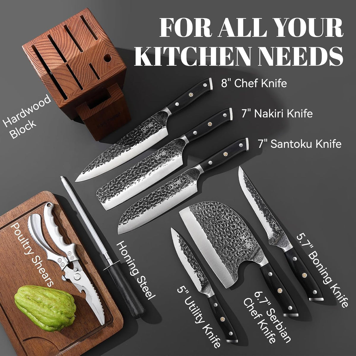 9 Pieces Knife Set with Block, Hand Forged High Carbon Steel Sharp Blade Cooking Knives Set with Holder for Kitchen, Block Chef Knife Set Professional, Best Gifts for Men Women