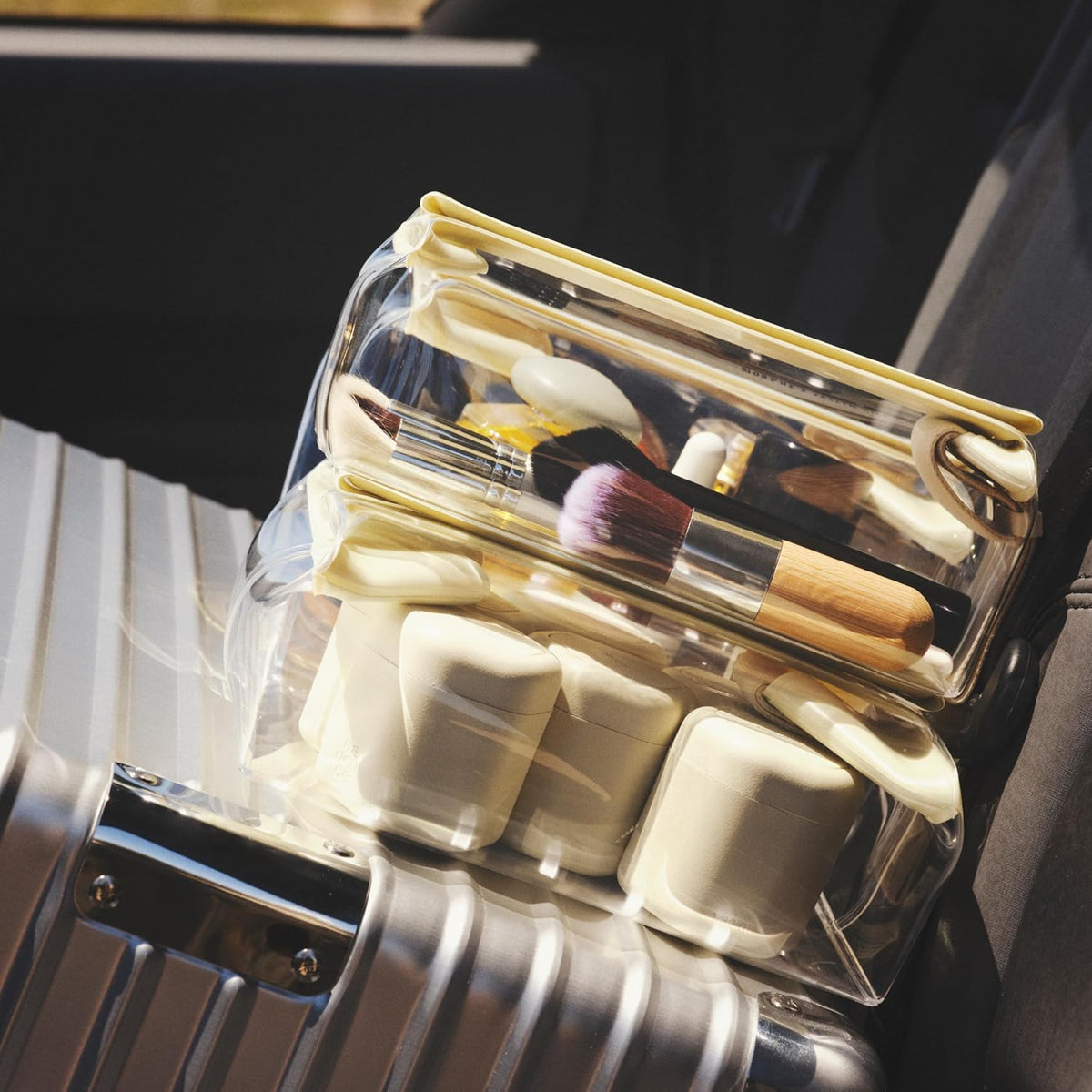 Cadence Travel Containers Basic Skincare Set - Magnetic Containers with Lids,Carry On Travel Essentials For Women/Men - 3 Small Capsules (0.56oz) - Cleanser, Moisturizer & Sun-Icon Labels - Sand