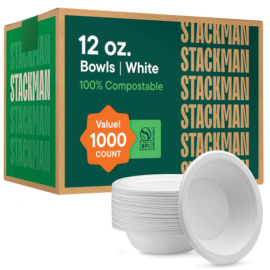 100% Compostable Paper Bowls 12 oz. [1000 Count] Heavy-Duty Soup Bowls - Natural White Color Unbleached Bagasse Bowls - Eco-Friendly Disposable Biodegradable Sugarcane - [Bulk Case 8/125 Pack]