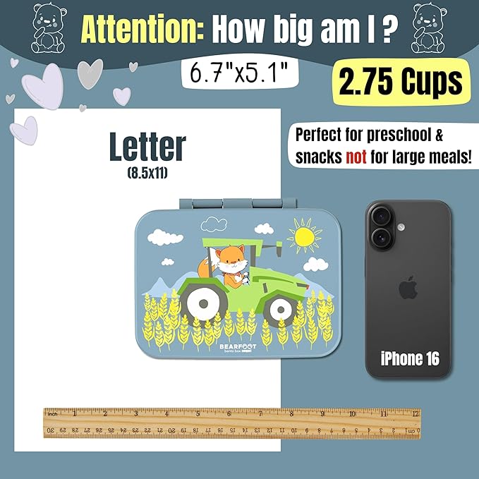 BEARFOOT Kids Lunch Box with Compartments – Compact & Lightweight | Leak-Proof, BPA-Free, Dishwasher & Microwave Safe | Hand-Drawn Design for Preschool, School, Travel (Tractor Fox Blue, 2.75 Cups)