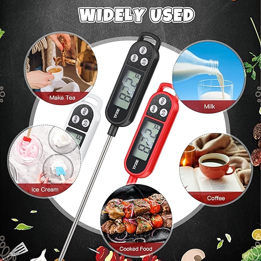 6 Pcs Instant Read Meat Thermometer with Long Probe 9.65 Inch Kitchen Cooking Food Candy Waterproof Digital Thermometer for BBQ Water Milk Yogurt Liquid (Round&Square Ring,Black,White,Red)