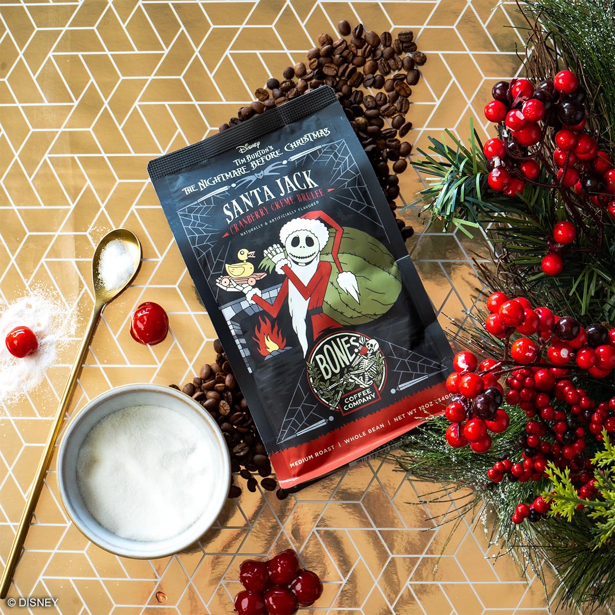 Bones Coffee Company The Nightmare Before Christmas Santa Jack Flavored Coffee Beans, Medium Roast Ground Coffee Low Acid, Cranberry Creme Brulee Flavor (12 oz)