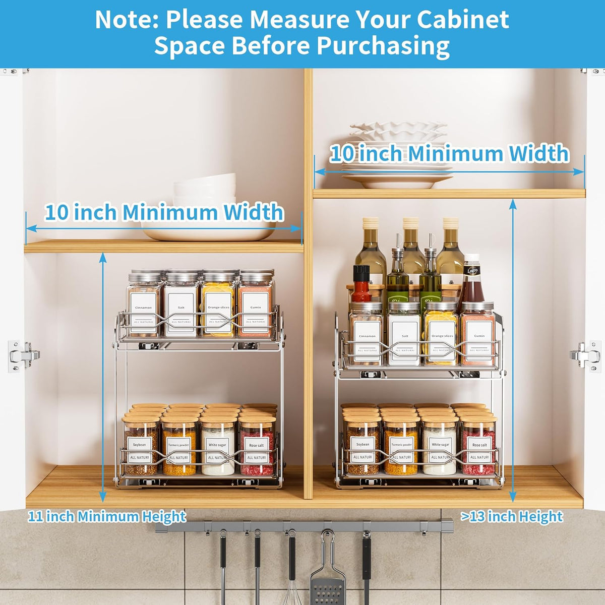 Pull Out Spice Rack, 2 Tier Spice Organization for Cabinet, Heavy Duty Spice Rack, 9-1/4 inch Wide - Spice Racks for Inside Cabinets, Kitchen, Pantry - Chrome, 9.25”W x 10.39”D x 9.76”H