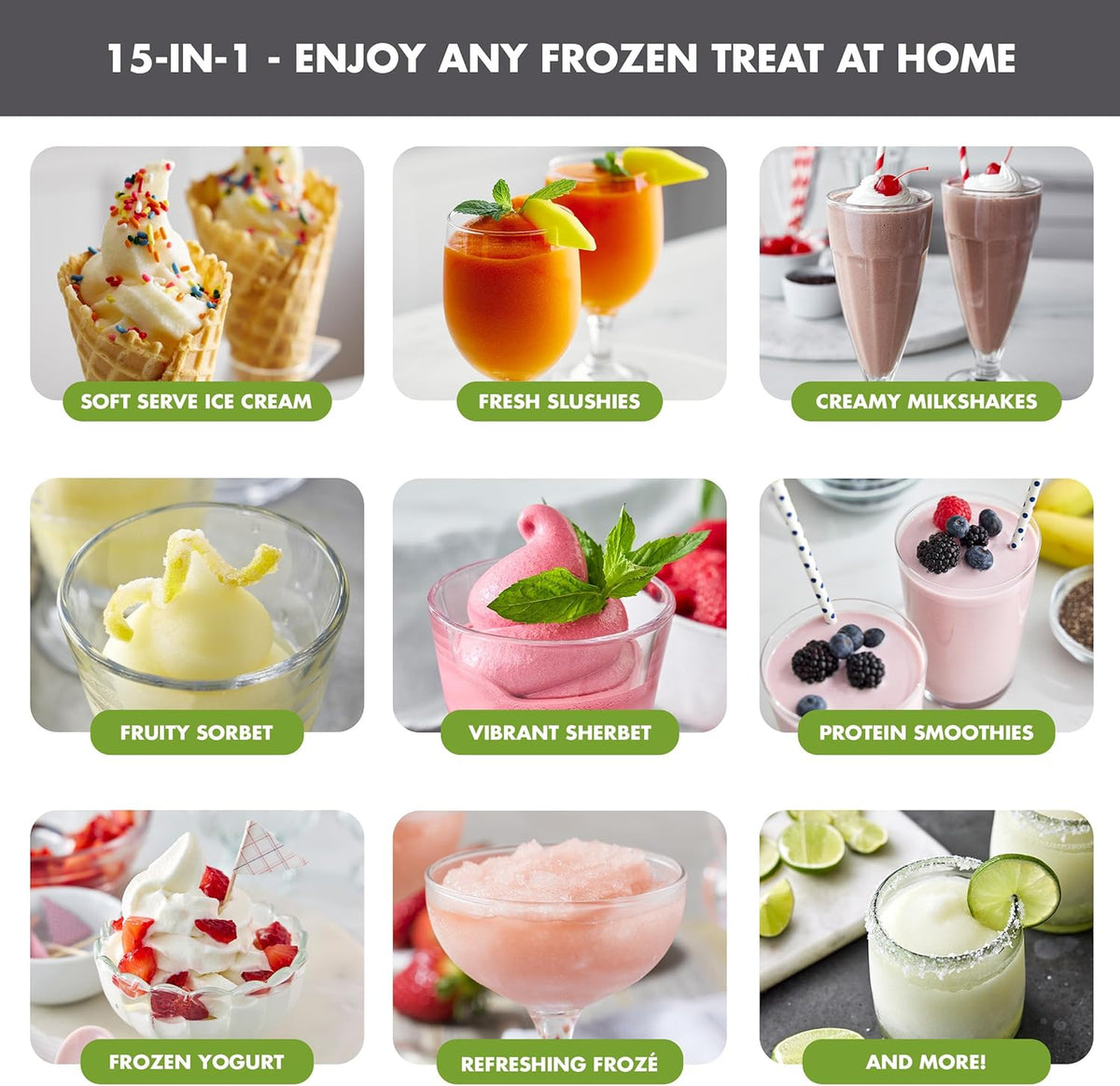 GreenPan Frost Ice Cream Machine & Frozen Drink Maker, Soft Serve, Slushie, Milkshakes & Cocktails, No Freezer Needed, 15-in-1, 7 Textures, Quiet & Rapid, Easy Clean, Family Size, Licorice Gray
