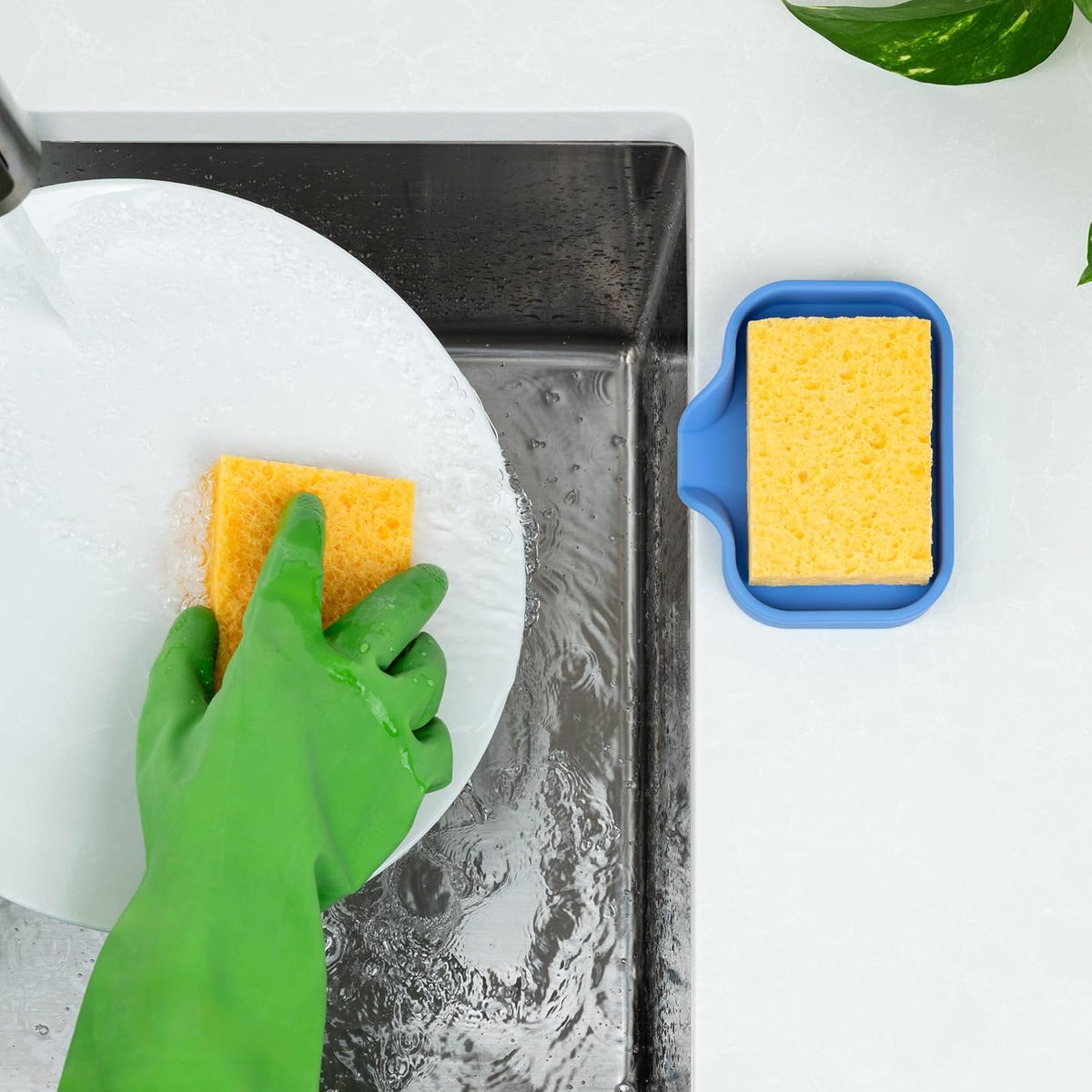 Zulay Kitchen Small Silicone Sponge Holder (4.9x3.3”) – Space-Saving Sink Organizer Tray for Sponge, Soap, Brush & More – Compact Non-Slip Dish for Kitchen & Bathroom (Provence Blue)