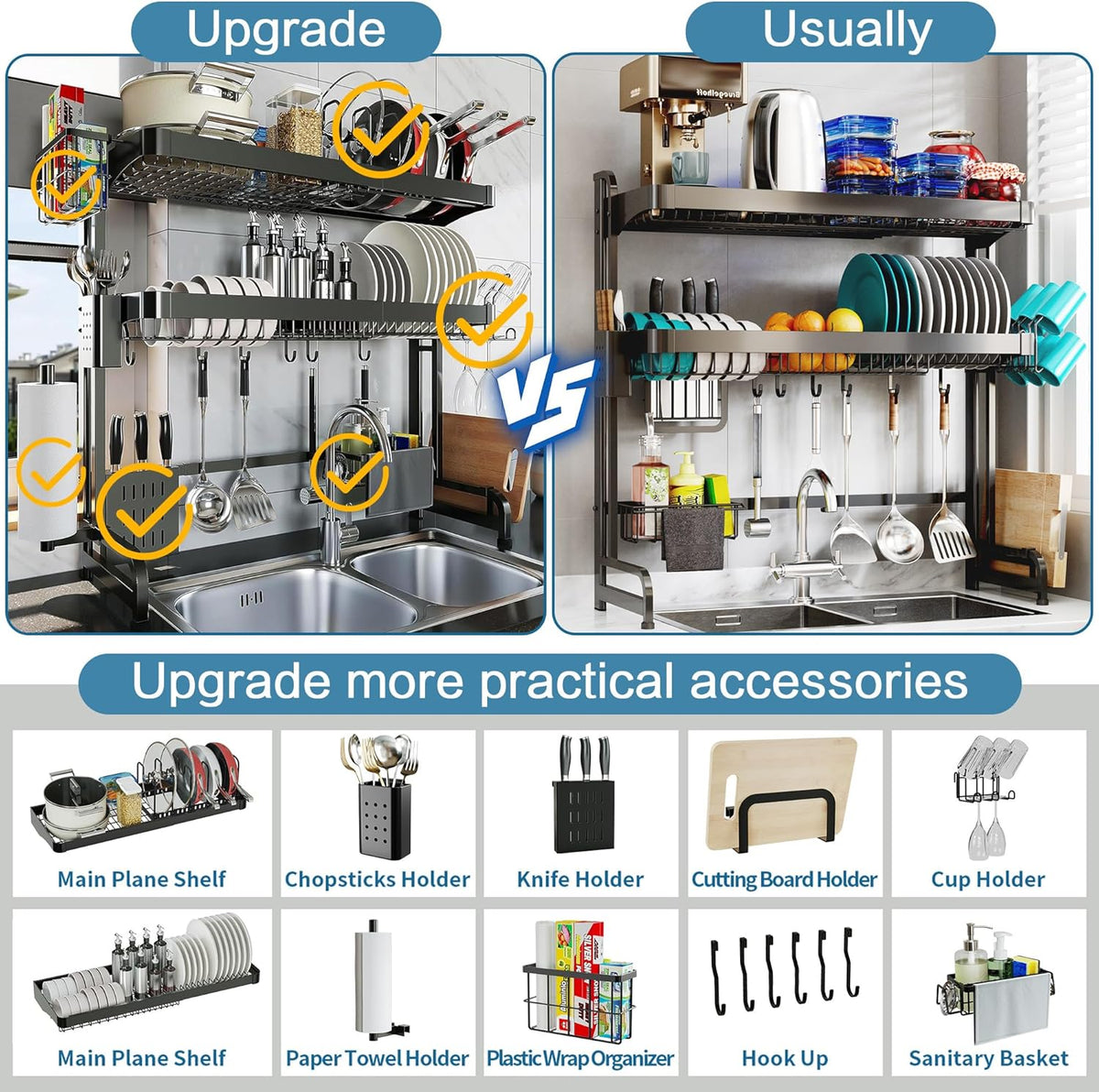 Over The Sink Dish Drying Rack,3 Tier Adjustable Length Full Stainless Steel Large Storage Kitchen Dish Rack,for Kitchen Counter Expandable Multifunctional Organizers,Silver (25.5'' to 37.6'')