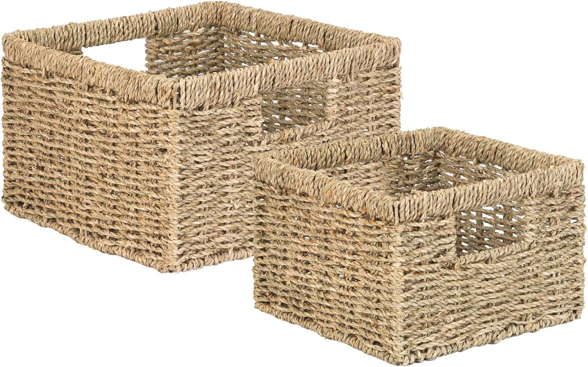 Wicker Storage Basket, Rectangular Seagrass Baskets with Handles, Handwoven Decorative Wicker Basket for Shelves, Bedroom, Set of 2, Large and Small (Natural Seagrass)