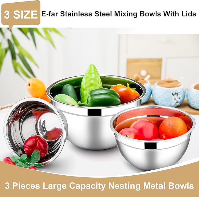 E-far Mixing Bowls with Lids, 6-Piece Stainless Steel Salad Bowls Metal Nesting Bowls for Baking Cooking and Prepping, Airtight Lids & Stackable Design, Size 4.5, 3, 1.5 QT (Khaki)