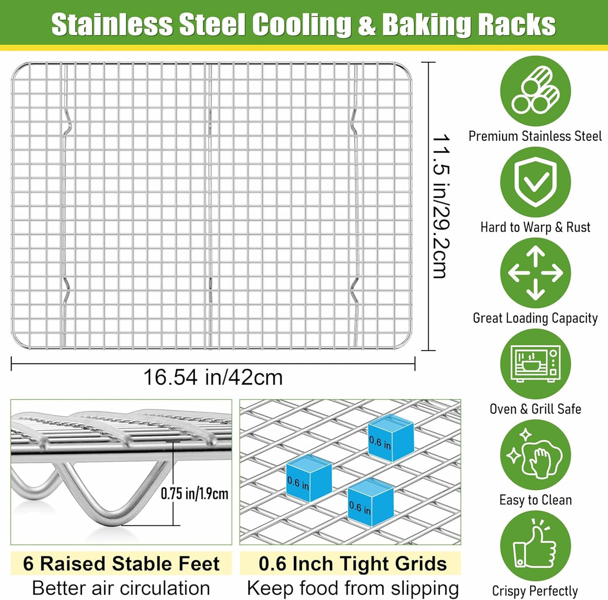 Homikit 2 Pack Cooling Racks, 16.5 x 11.5 Inch Stainless Steel Large Baking Rack Set for Cooking Roasting Grilling, Bacon Bread Pizza Oven Wire Racks Fit 18x13 Half Sheet, Heavy Duty & Dishwasher Safe