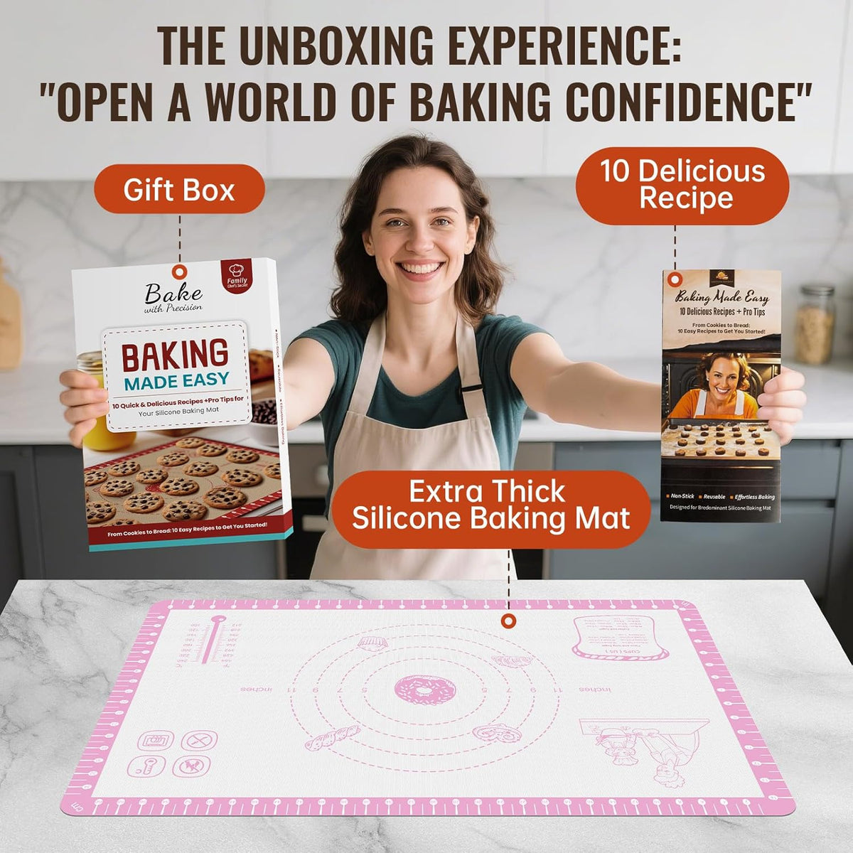 Silicone Macaron Baking Mat with 10 Recipes, Non Stick Silicone Mat for Pastry, Cookie, Macaron, Pizza,Bread, Surdough,Fondant, Extra Large and Dishwasher Safe