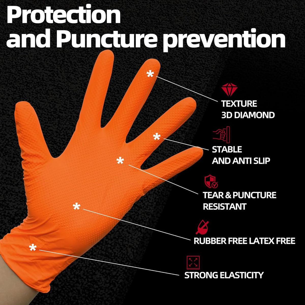 Jointown Basic Heavy Duty Nitrile Gloves, Mechanic Gloves 8 Mil Nitrile Disposable, with Raised Diamond Texture, Case of 500, Orange, Large