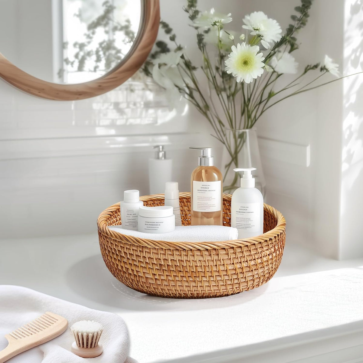 Honey Brown Natural Rattan Bread Basket Set of 3 - Handwoven Round Wicker Serving Bowls for Fruit, Snacks, Kitchen Counter Organizing | Stackable Farmhouse Decor