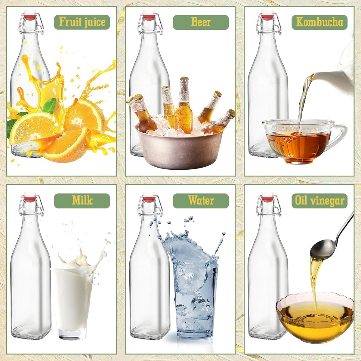 6 Pack [1 Liter / 33 fl. oz.] Square Swing Top Glass Bottles–Airtight Flip Top Brewing Bottles for Kombucha, Beer, Wine, Kefir, Soda, Liquor–Includes Funnel, 2 Pourers, 6 Seals, 8 Labels & Jute Twine