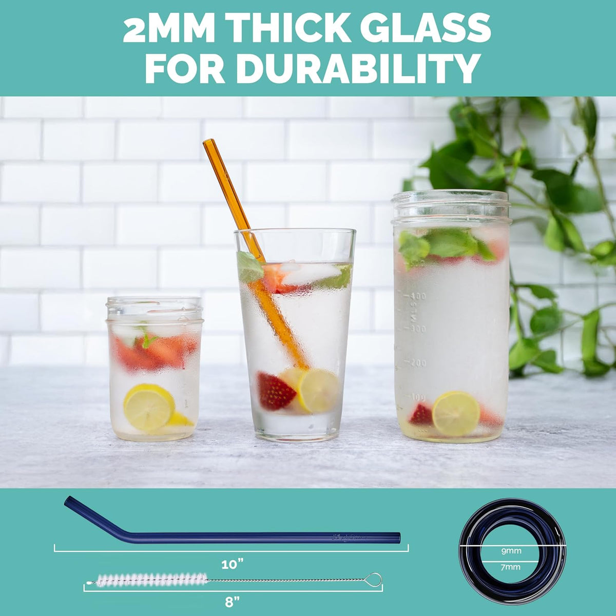 Simply Straws 10 Inch Glass Straws Bent (6-Pack) – Reusable Glass Straws for 24 Oz Mason Jars & Tumblers, with Cleaning Brush – Durable, Dishwasher Safe, Hot & Cold Use, BPA-Free (Iridium)