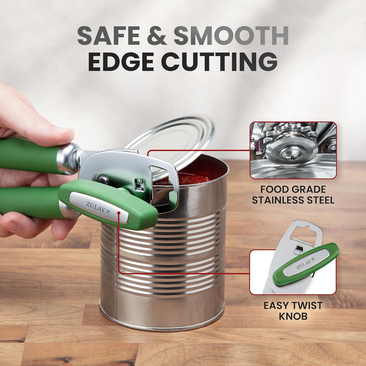 Zulay Kitchen Heavy Duty Stainless Steel Can Opener Manual with Bottle Opener - Rust Proof Manual Can Opener With Turn Knob & Comfy Soft Grip Handles - Artichoke Green