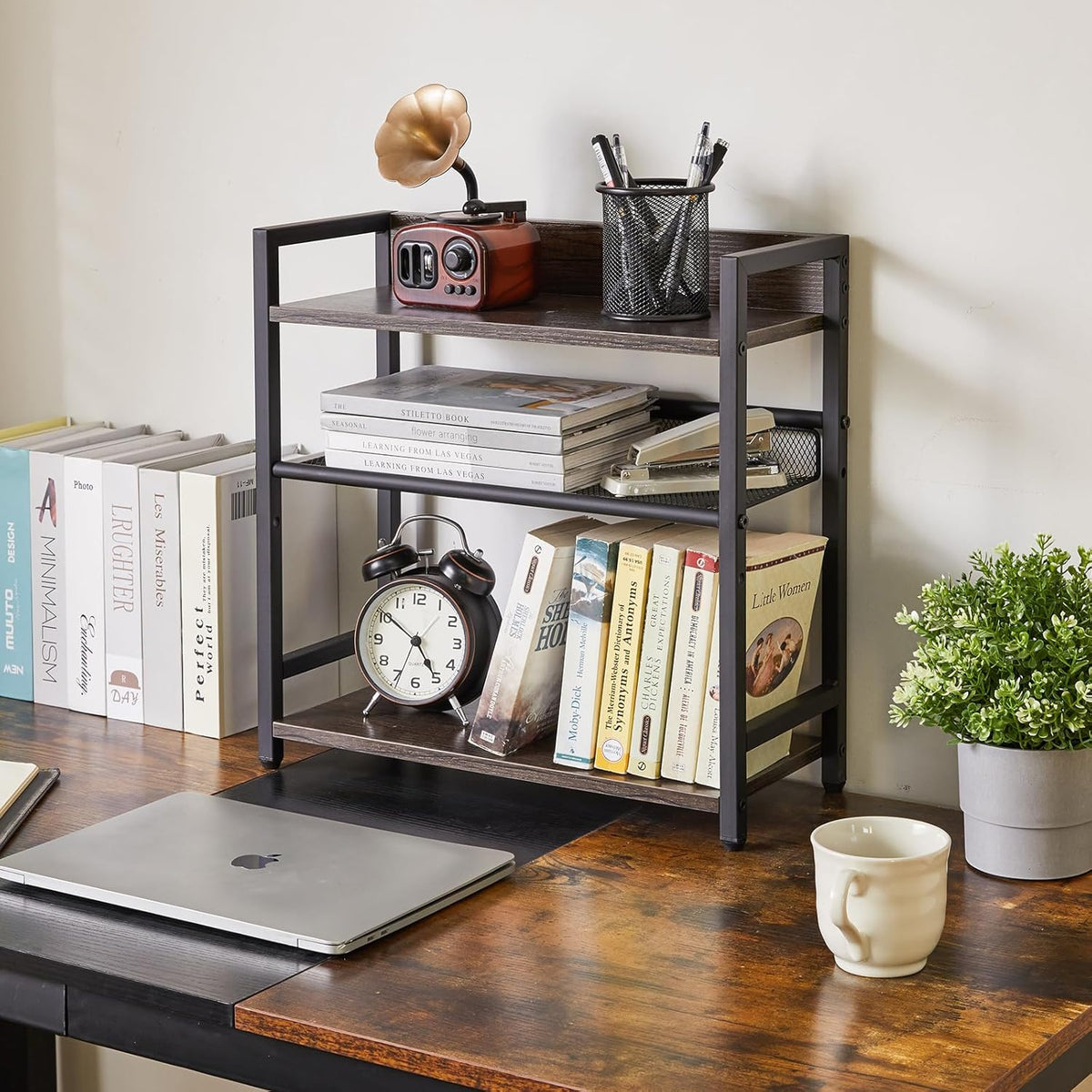 IBUYKE 3-Tier Spice Rack Industrial Counter Shelf Desktop Storage Organizer Standing Seasoning Rack for Countertop Kitchen Office Living Room Desktop Dark Grey UTLJ021G