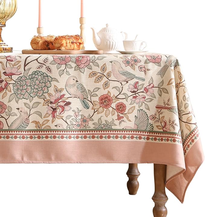 patdrea Designer Pink Linen Table Cloth for Rectangle Table,Vintage Floral with Birds Pattern Decorative Tablcloth,French Table Cover for Kitchen Dining,Thanksgiving,Christmas,55"x79"-Kulom a