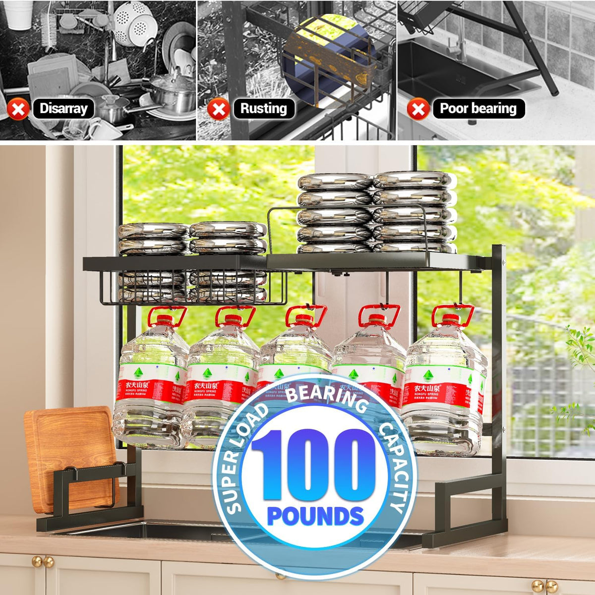 Over Sink Dish Drying Rack (Expandable Height/Length) Snap-On Design Large Dish Draine Storage Counter Organizer (24" - 35.5" L x 12" W x 19" - 22" H)