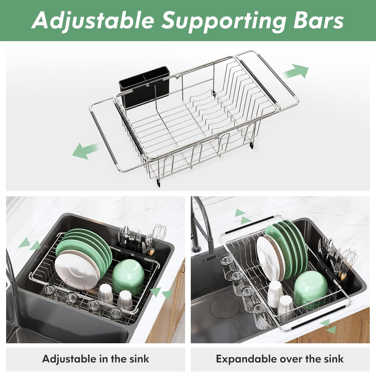 Over the Sink Expandable Dish Drainer Drying Rack In Stainless Steel for Small Kitchen, Counter Space Saving Modern Compact Metal Above Plate Dryer Strainer, Adjustable Hanging Inside Drain Holder