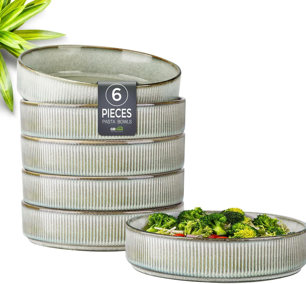 GBHOME 7.5'' Stoneware Pasta Bowls, Serving Bowls Set of 6 for Kitchen, Double Reactive Glaze Bowls for Fruit,Pasta,Salad,Oatmeal,Meal, Microwave Safe (6 pcs)