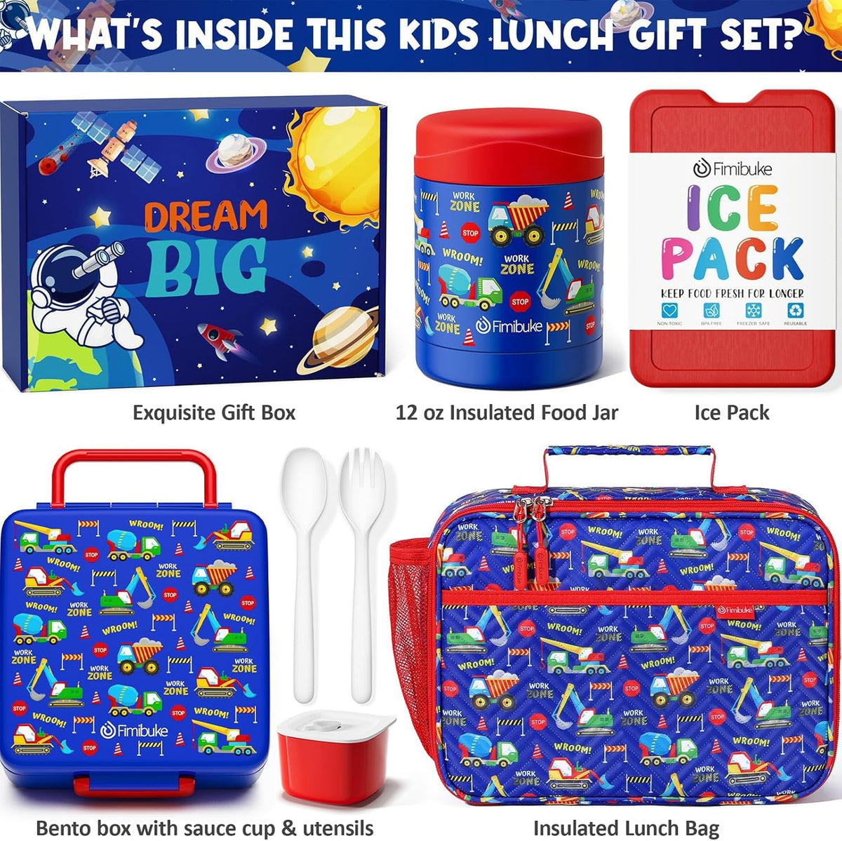 Fimibuke Kids Bento Snack Lunch Box with 4 Compartment, Insulated lunch Bag, Stainless Steel Vacuum Thermos Food Jar, Ice Pack, Utensils Set, Birthday Gift for Age 3-12 Back to School Toddler Girl Boy