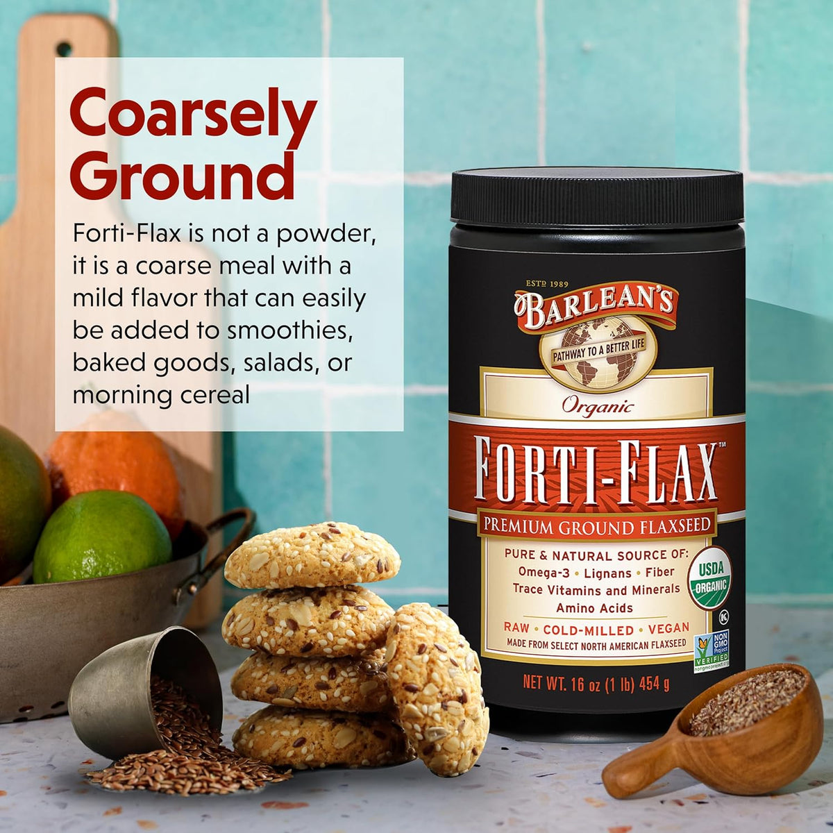 Barlean's Forti-Flax Organic Flaxseed, Ground Whole Raw Seeds, Omega-3 Supplement with Lignans and Dietary Fiber, Bulk Ground Flax Seed, 16 oz, 2 Pack