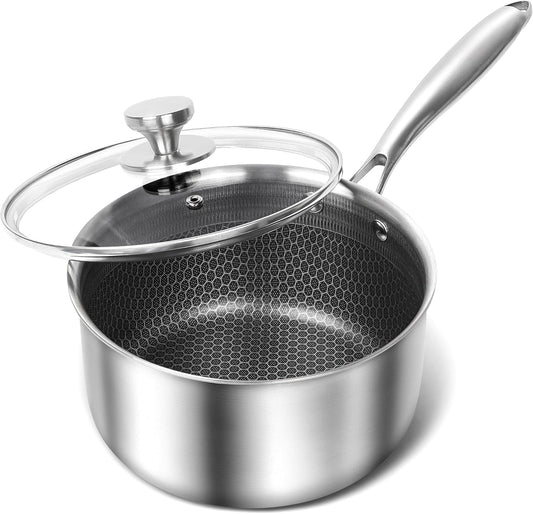 MICHELANGELO 3 Quart Saucepan with Lid, Premium Triple Ply Stainless Steel Sauce Pan with Lid, Sauce Pot with Honeycomb Interior - 3QT