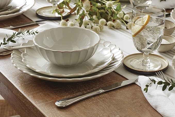 Lenox Dinnerware Set, French Perle Scallop 4-Piece Place Setting, Service For 1, Dinnerware Set, Stoneware, Includes Plates, Bowl, and Mug, Dishwasher And Microwave Safe, Dish Set (White, 4 Piece)